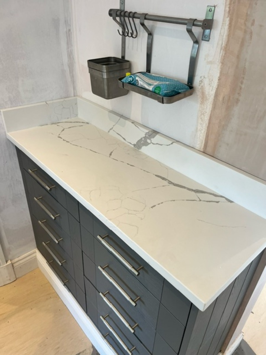 Cimstone 920 Calacatta Venato worktop with a matching up stand installed in Skipton Yorkshire