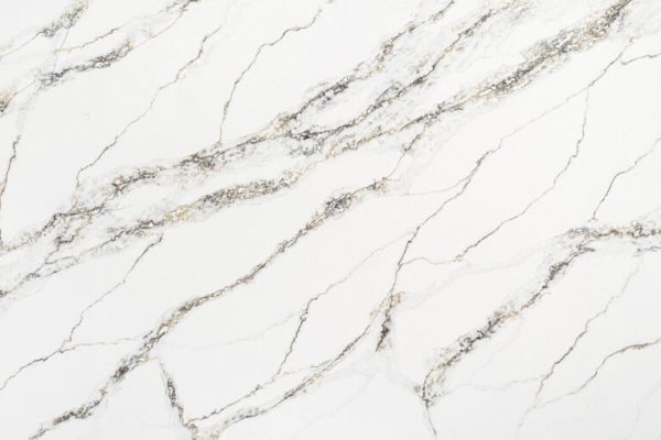 Calacatta marble-inspired quartz, featuring a white background with bold, dynamic brown, rust and grey veining