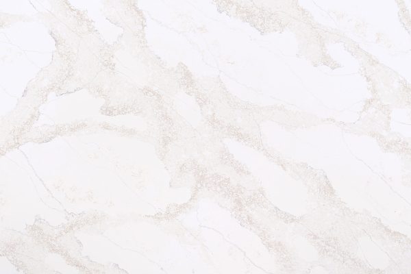 Calacatta marble-inspired quartz, featuring a white background with dynamic light grey veining